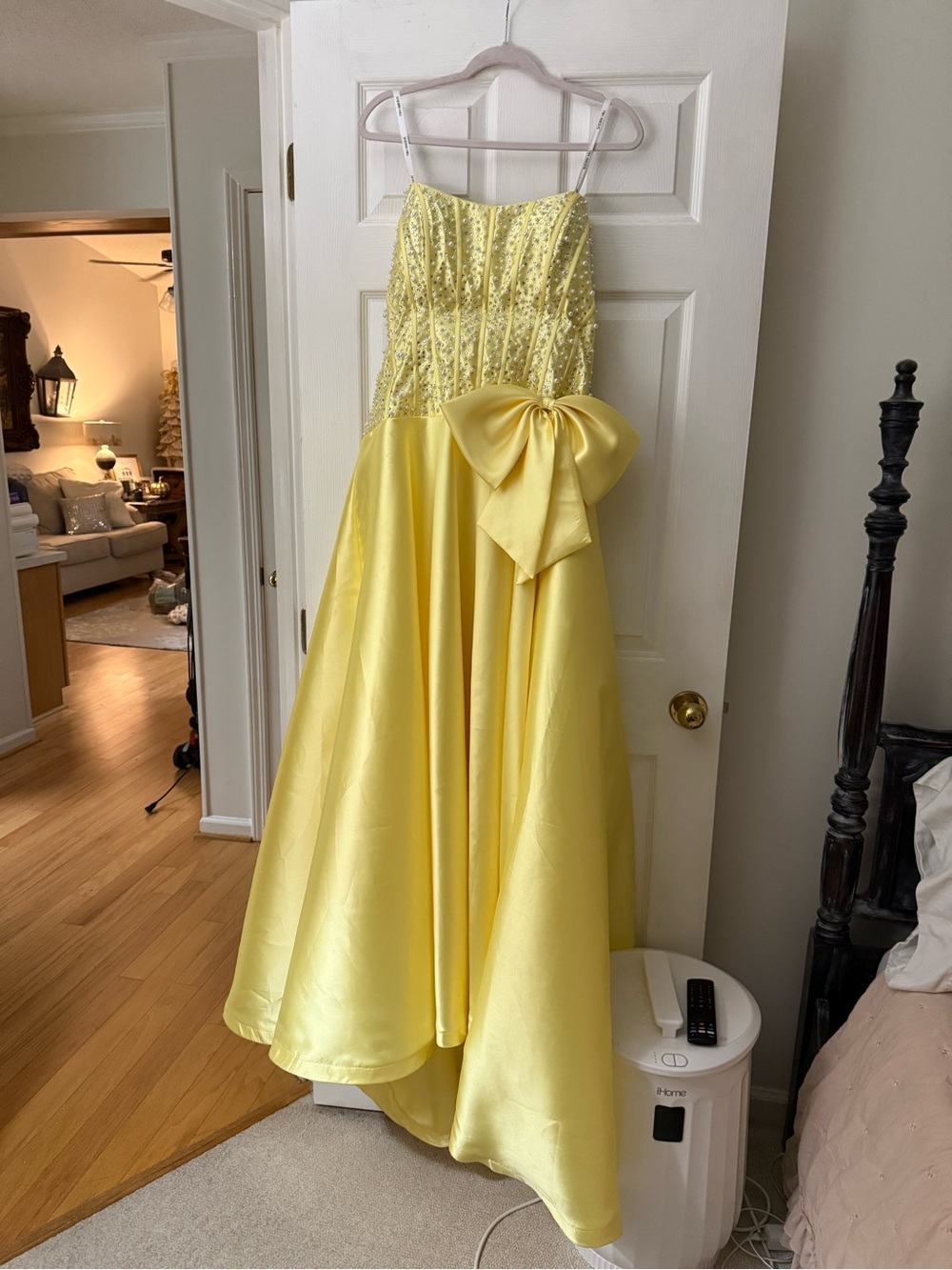Sherri Hill Yellow Beaded Satin Ball Gown with Bow